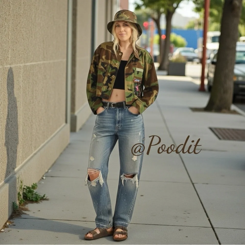 VEVERET camo sequin sheer back contrast crop jacket S M L - Picture 3 of 6